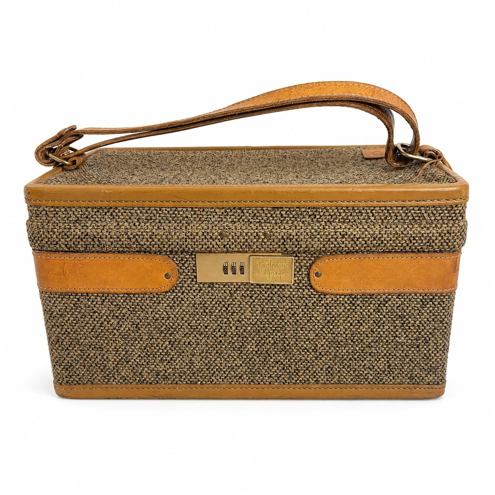 Vintage Hartmann Tweed Belting Leather Train Case Vanity Makeup Box Tan Brown